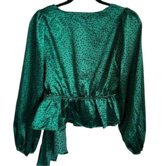 Meraki Green Polka Dot Satin Faux Wrap Long Sleeve Top Waist Tie Size Medium - Picture 2 of 3